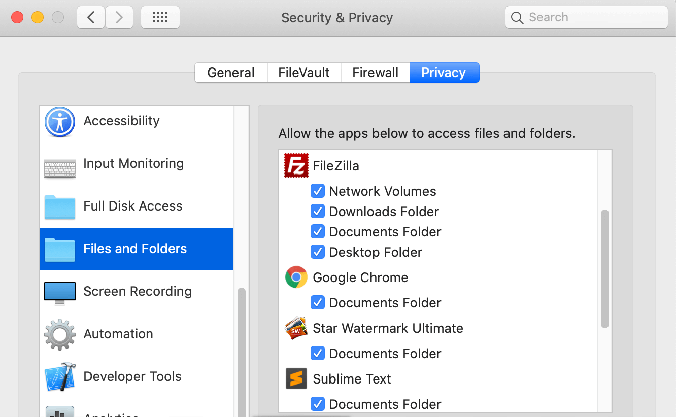 Documents privacy setting