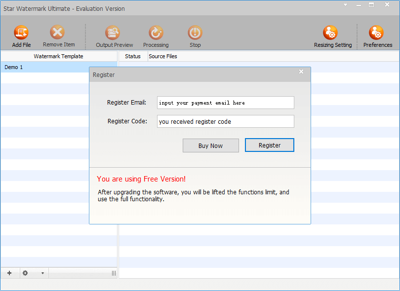 Registration window in Star Watermark for Windows