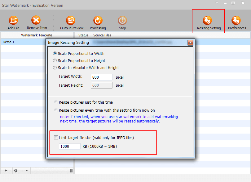 Setting image resizing parameters in Star Watermark for Windows